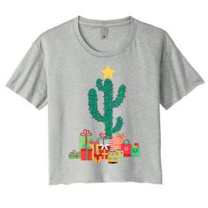 Cactus Christmas Lights With Presents Cactus Christmas Tree Women's Crop Top Tee