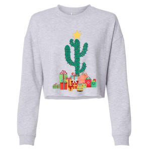 Cactus Christmas Lights With Presents Cactus Christmas Tree Cropped Pullover Crew