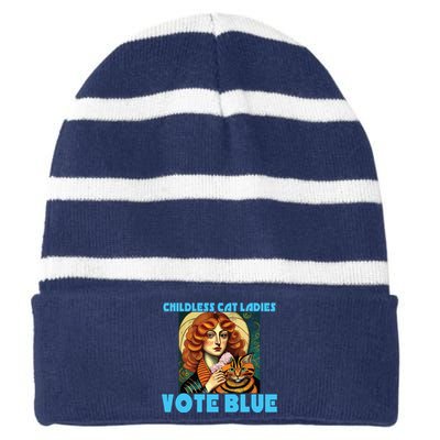 Childless Cat Ladies Vote Blue Striped Beanie with Solid Band