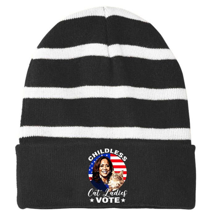 Childless Cat Ladies Vote Kamala Harris Usa Election 2024 Striped Beanie with Solid Band