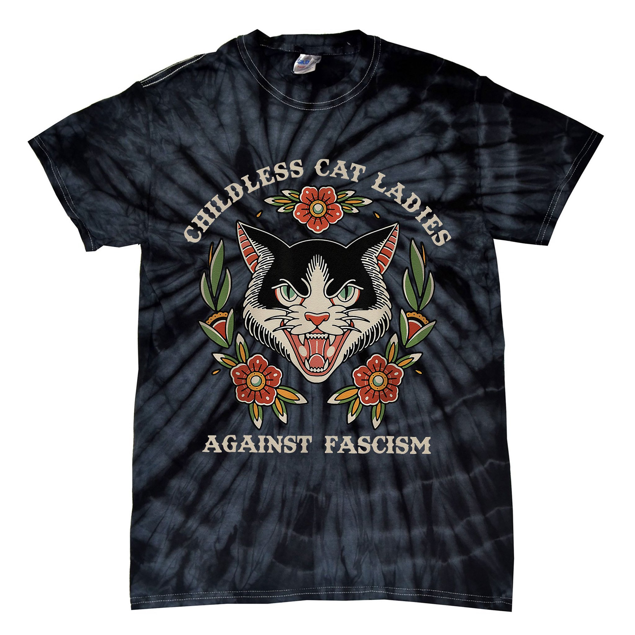 Childless Cat Ladies Against Fascism Flowers Tie-Dye T-Shirt