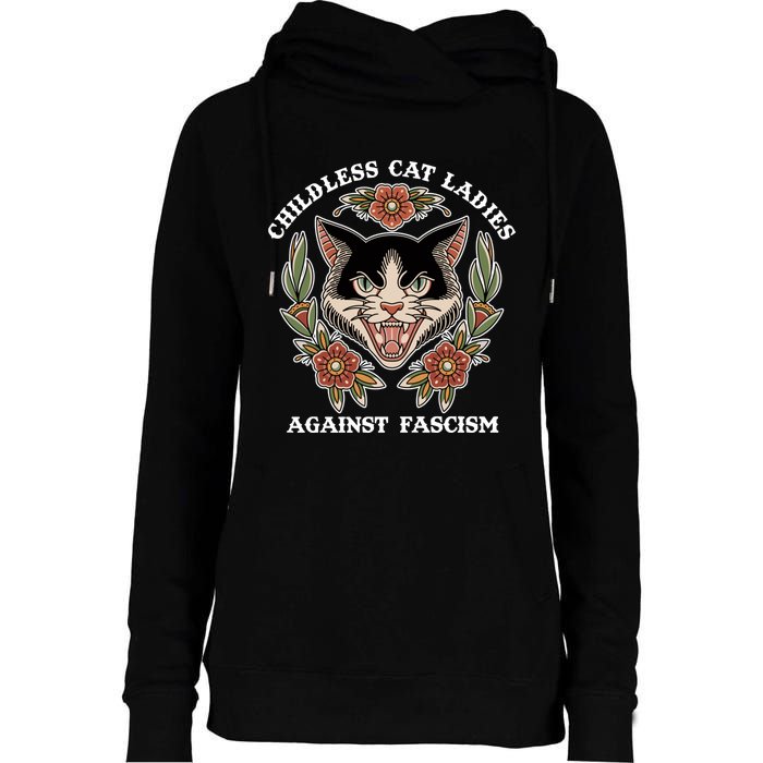 Childless Cat Ladies Against Fascism Funny Cat Feminist Womens Funnel Neck Pullover Hood