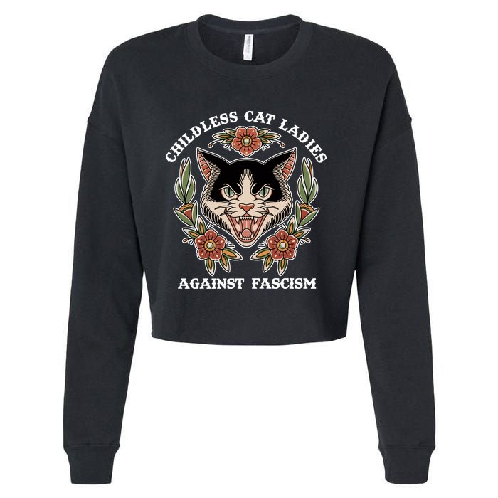 Childless Cat Ladies Against Fascism Funny Cat Feminist Cropped Pullover Crew