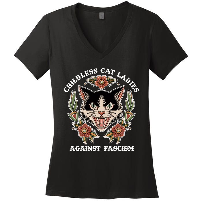 Childless Cat Ladies Against Fascism Funny Cat Feminist Women's V-Neck T-Shirt