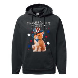 Childless Cat Lady 2024 Ladies Voting Kamala Cat Us Flag Hat Performance Fleece Hoodie