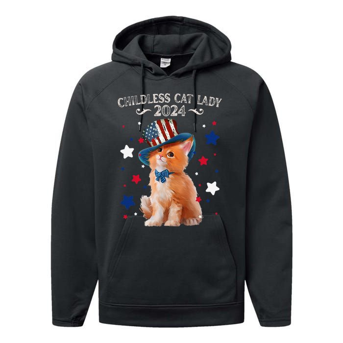 Childless Cat Lady 2024 Ladies Voting Kamala Cat Us Flag Hat Performance Fleece Hoodie