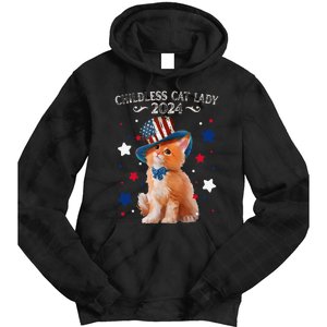 Childless Cat Lady 2024 Ladies Voting Kamala Cat Us Flag Hat Tie Dye Hoodie