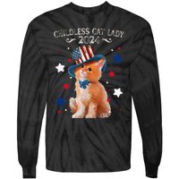 Childless Cat Lady 2024 Ladies Voting Kamala Cat Us Flag Hat Tie-Dye Long Sleeve Shirt