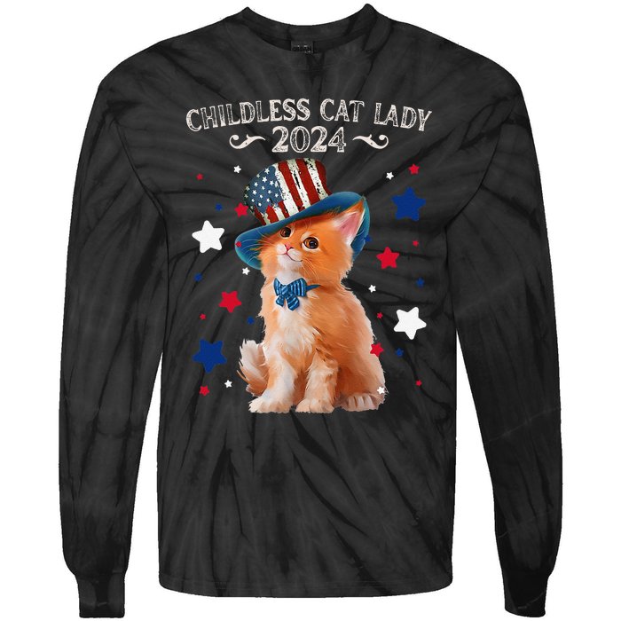 Childless Cat Lady 2024 Ladies Voting Kamala Cat Us Flag Hat Tie-Dye Long Sleeve Shirt