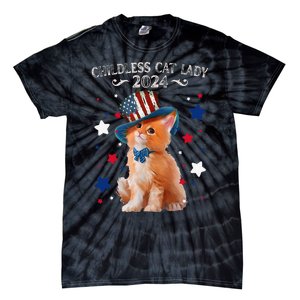 Childless Cat Lady 2024 Ladies Voting Kamala Cat Us Flag Hat Tie-Dye T-Shirt