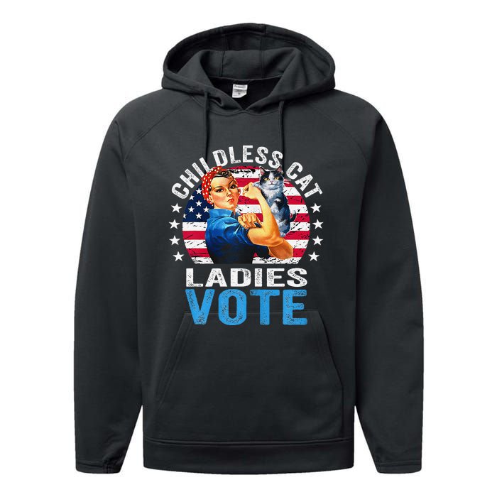 Childless Cat Ladies Vote Funny Vintage Rosie The Riveter Performance Fleece Hoodie