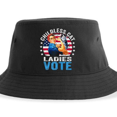 Childless Cat Ladies Vote Funny Vintage Rosie The Riveter Sustainable Bucket Hat