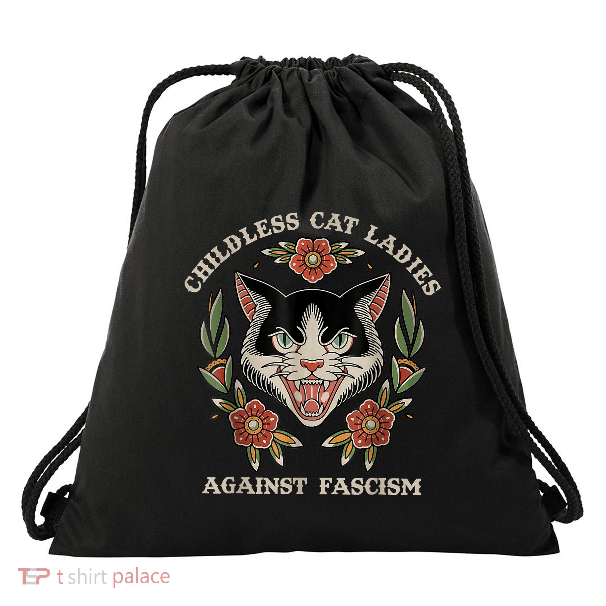 Childless Cat Ladies Against Fascism Flowers Drawstring Bag