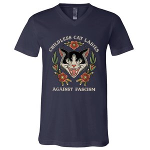 Childless Cat Ladies Against Fascism Flowers V-Neck T-Shirt