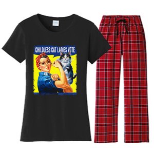 Childless Cat Ladies Vote Rosie The Riveter Funny Women's Flannel Pajama Set