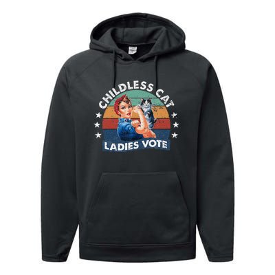 Childless Cat Ladies Vote Rosie The Riveter Vintage Funny Performance Fleece Hoodie