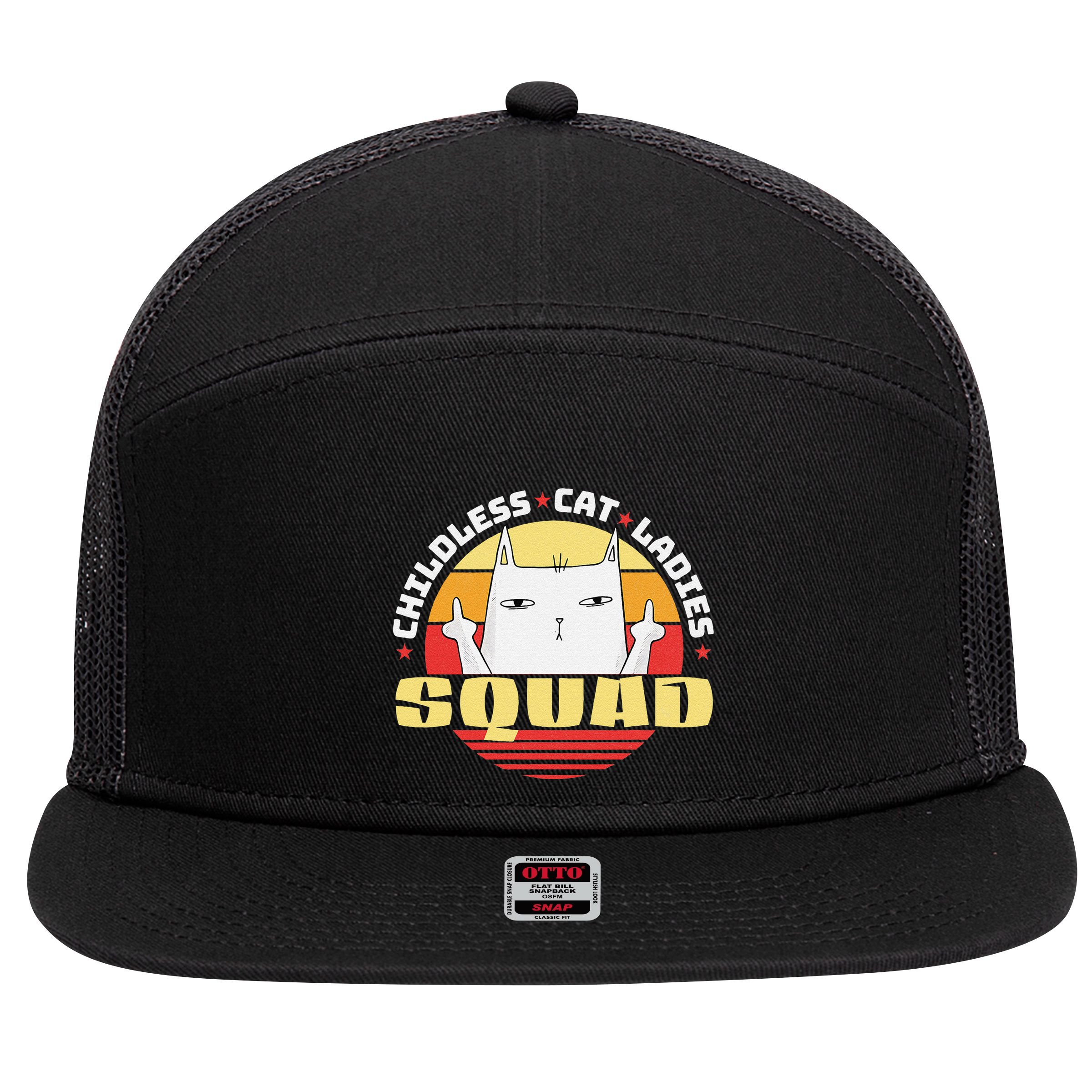Childless Cat Ladies Squad Club Lady Funny Middle Finger 7 Panel Mesh Trucker Snapback Hat