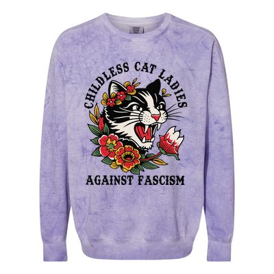 Childless Cat Ladies Against Fascism Feminist Colorblast Crewneck Sweatshirt