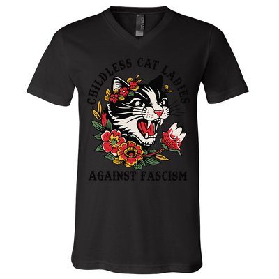 Childless Cat Ladies Against Fascism Feminist V-Neck T-Shirt