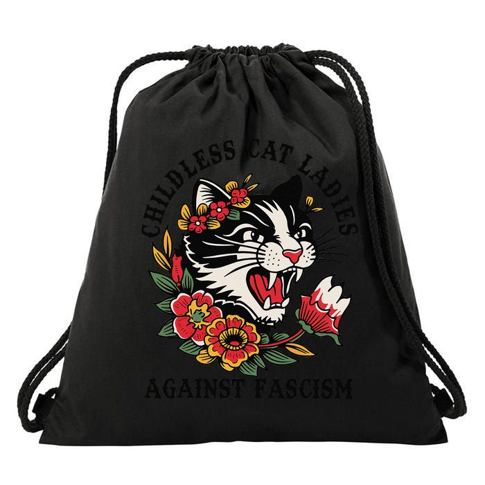 Childless Cat Ladies Against Fascism Feminist Drawstring Bag