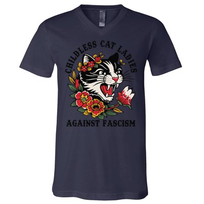 Childless Cat Ladies Against Fascism Feminist V-Neck T-Shirt