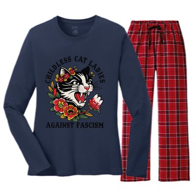 Childless Cat Ladies Against Fascism Feminist Women's Long Sleeve Flannel Pajama Set 