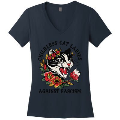 Childless Cat Ladies Against Fascism Feminist Women's V-Neck T-Shirt