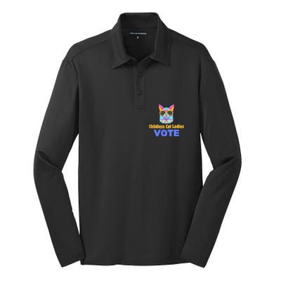 Childless Cat Ladies Vote Blue Silk Touch Performance Long Sleeve Polo