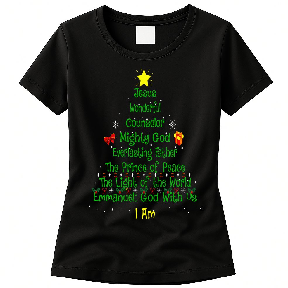 Christian Christmas Lover Bible Names of Jesus Tree Xmas Womens T-Shirt