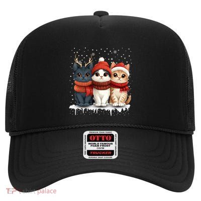 Cat Christmas Light Reindeer Santa Xmas Cat Lover Gift High Crown Mesh Back Trucker Hat