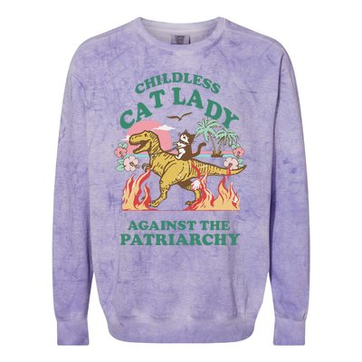 Childless Cat Lady Against The Patriarchy Cat Riding Dino Gift Colorblast Crewneck Sweatshirt