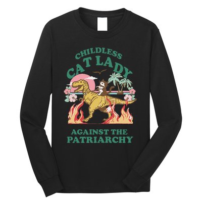 Childless Cat Lady Against The Patriarchy Cat Riding Dino Gift Long Sleeve Shirt