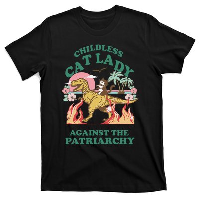 Childless Cat Lady Against The Patriarchy Cat Riding Dino Gift T-Shirt