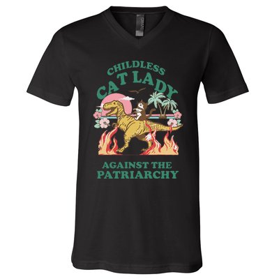 Childless Cat Lady Against The Patriarchy Cat Riding Dino Gift V-Neck T-Shirt