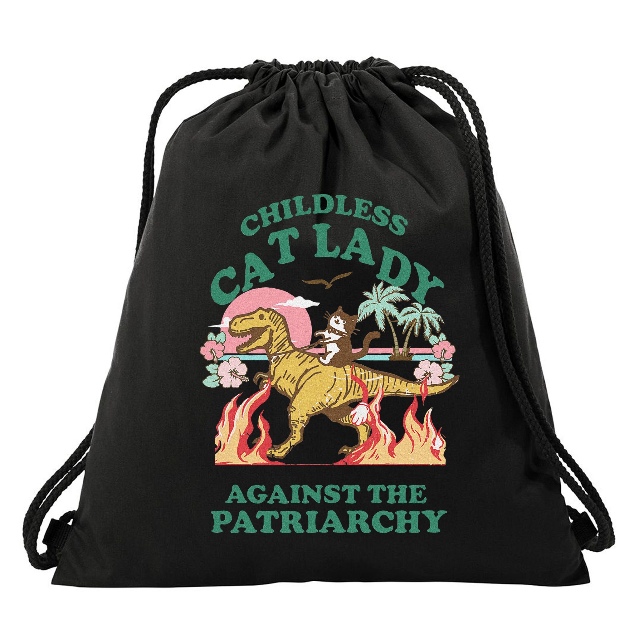 Childless Cat Lady Against The Patriarchy Cat Riding Dino Gift Drawstring Bag