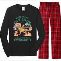 Childless Cat Lady Against The Patriarchy Cat Riding Dino Gift Long Sleeve Pajama Set