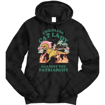 Childless Cat Lady Against The Patriarchy Cat Riding Dino Gift Tie Dye Hoodie