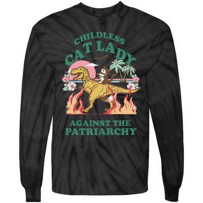 Childless Cat Lady Against The Patriarchy Cat Riding Dino Gift Tie-Dye Long Sleeve Shirt