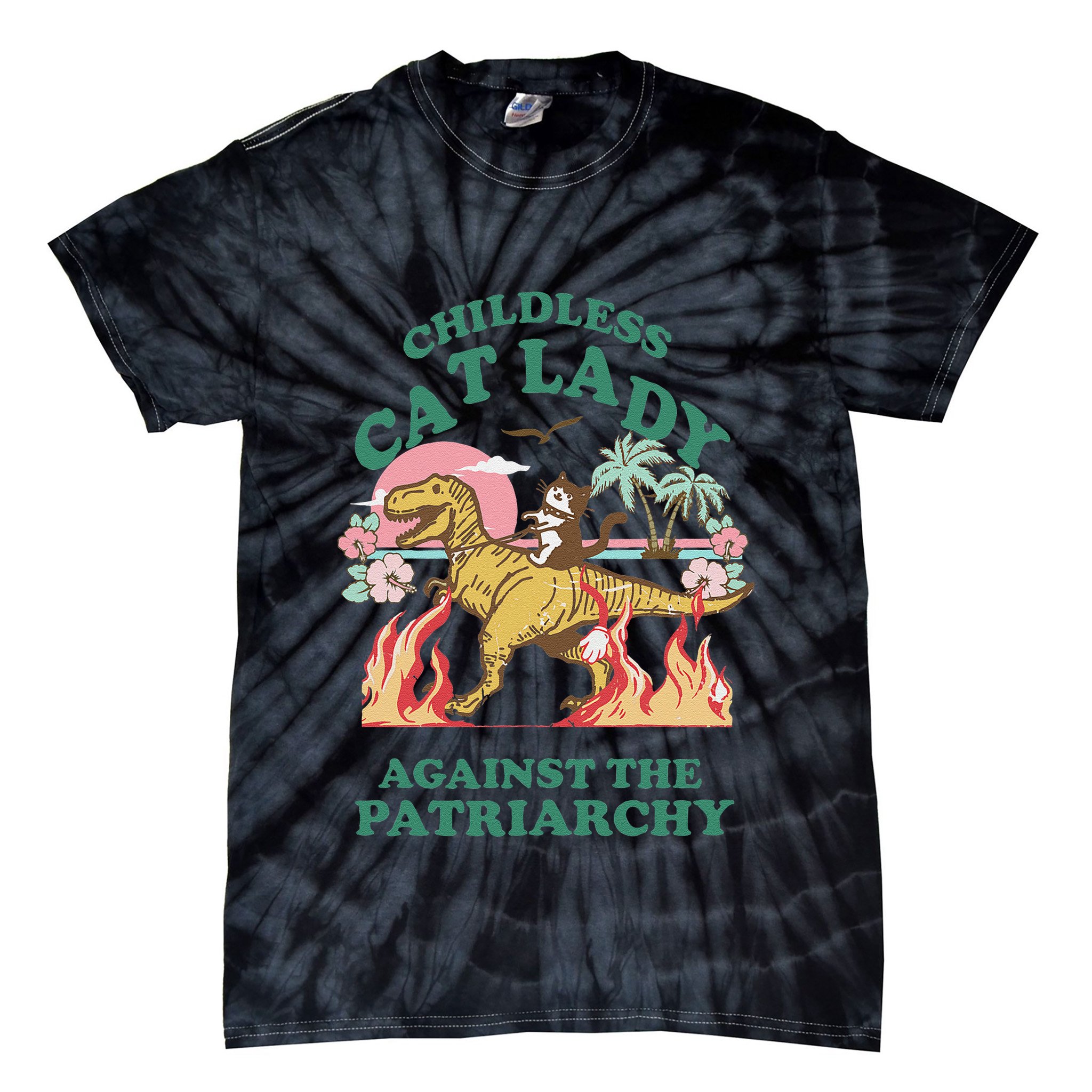 Childless Cat Lady Against The Patriarchy Cat Riding Dino Gift Tie-Dye T-Shirt