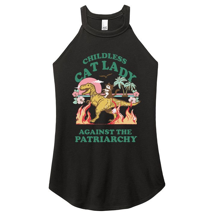 Childless Cat Lady Against The Patriarchy Cat Riding Dino Gift Women's Perfect Tri Rocker Tank