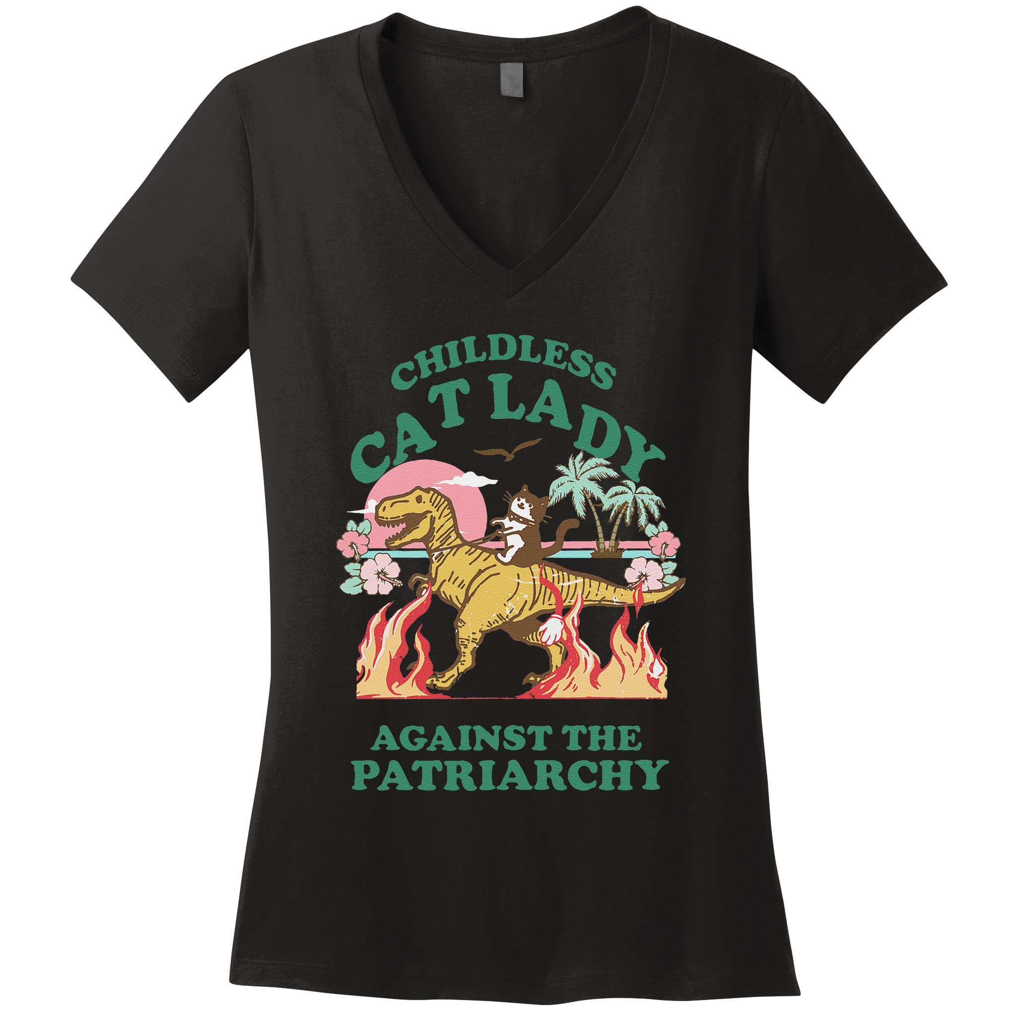 Childless Cat Lady Against The Patriarchy Cat Riding Dino Gift Women's V-Neck T-Shirt