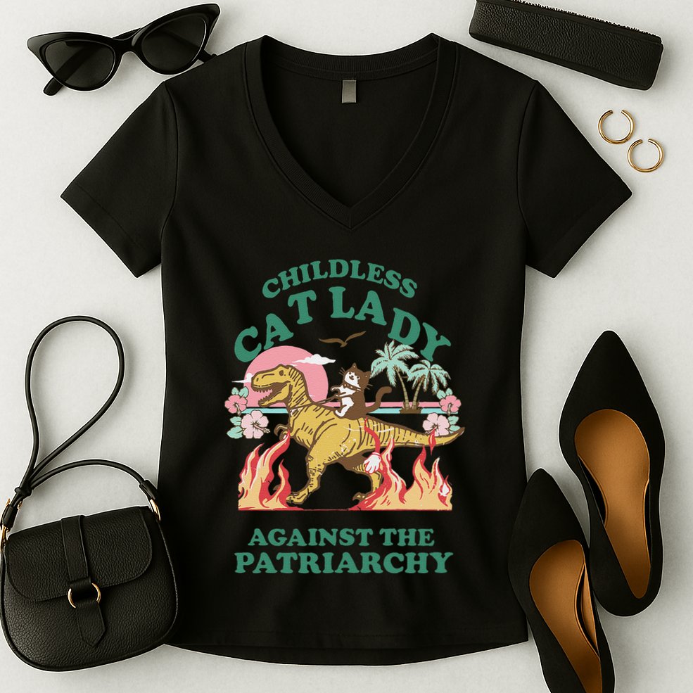 Childless Cat Lady Against The Patriarchy Cat Riding Dino Gift Women's V-Neck T-Shirt