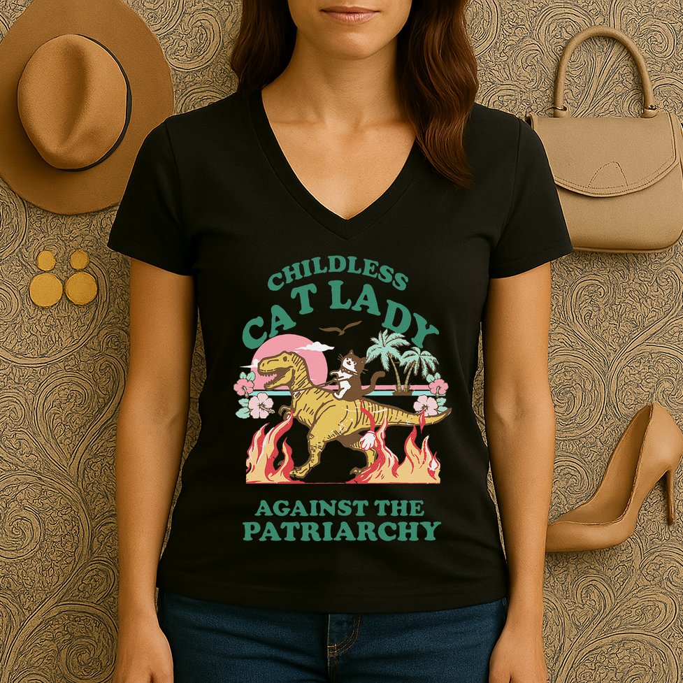 Childless Cat Lady Against The Patriarchy Cat Riding Dino Gift Women's V-Neck T-Shirt