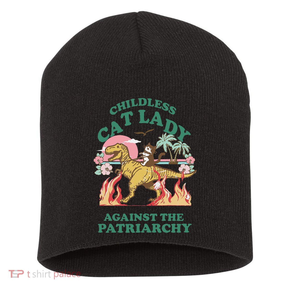 Childless Cat Lady Against The Patriarchy Cat Riding Dino Gift Short Acrylic Beanie