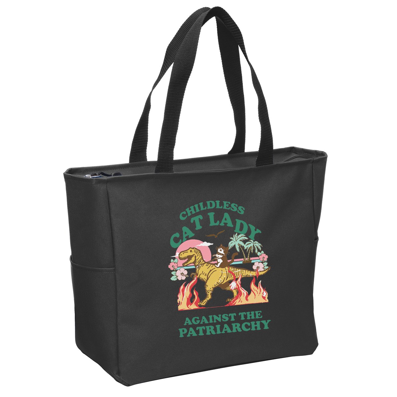 Childless Cat Lady Against The Patriarchy Cat Riding Dino Gift Zip Tote Bag