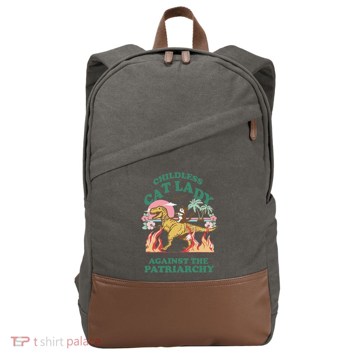 Childless Cat Lady Against The Patriarchy Cat Riding Dino Gift Cotton Canvas Backpack