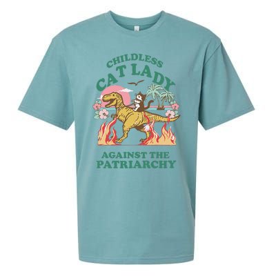 Childless Cat Lady Against The Patriarchy Cat Riding Dino Gift Sueded Cloud Jersey T-Shirt