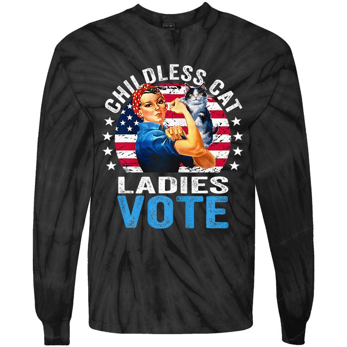 Childless Cat Ladies Vote Funny Vintage Rosie The Riveter Tie-Dye Long Sleeve Shirt