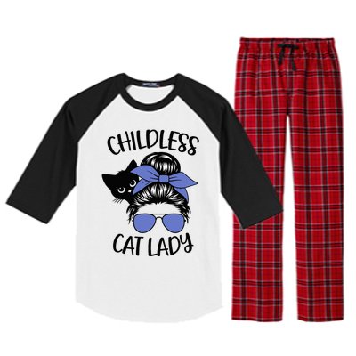 Childless Cat Lady Messy Bun Cat Mom Raglan Sleeve Pajama Set