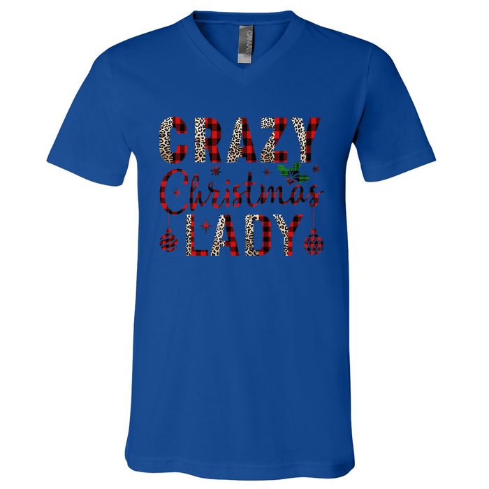 Crazy Christmas Lady Leopard Buffalo Plaid Red Funny Xmas V-Neck T-Shirt